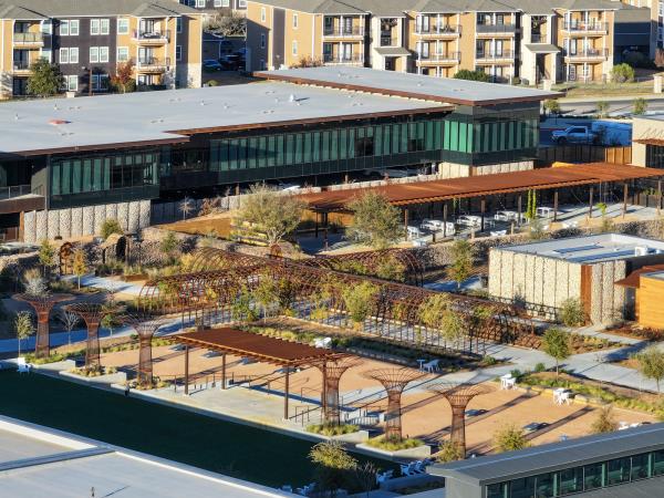 Aerial view of Summit Center's park, steel tree sculptures, and pergolas